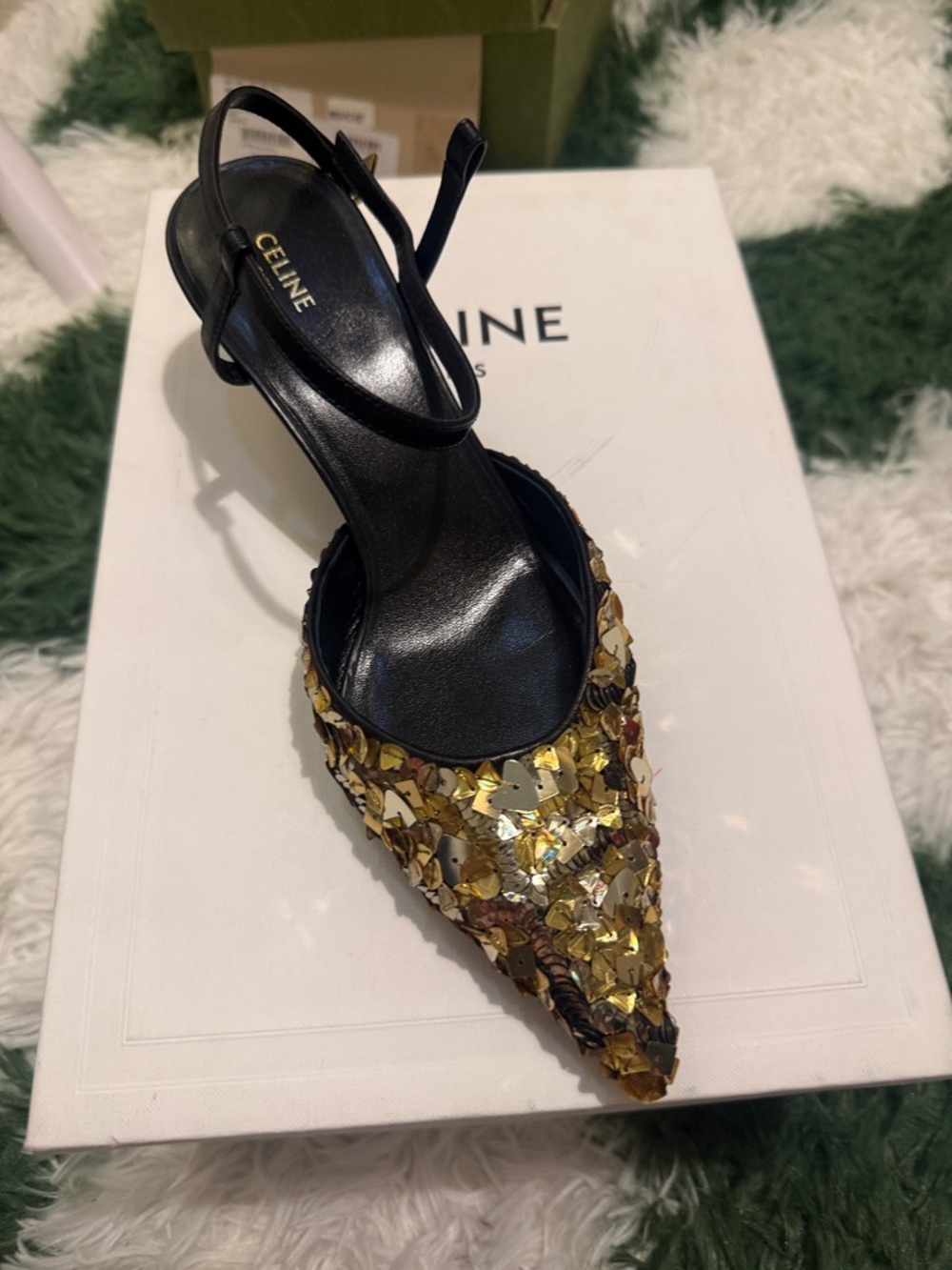 Celine Black Slingback Pump with Gold Sequin Pointed Toe